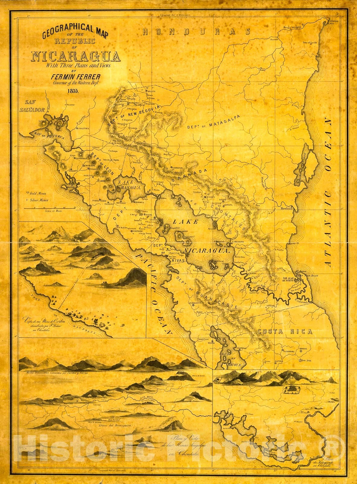 Historic 1855 Map - Geographical Map of The Republic of Nicaragua.