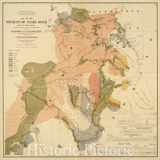 Historic 1872 Map - Map of The Sources of Snake River : with its Tributaries Together with portions of The headwaters of The Madison and Yellowstone from surveys and observations