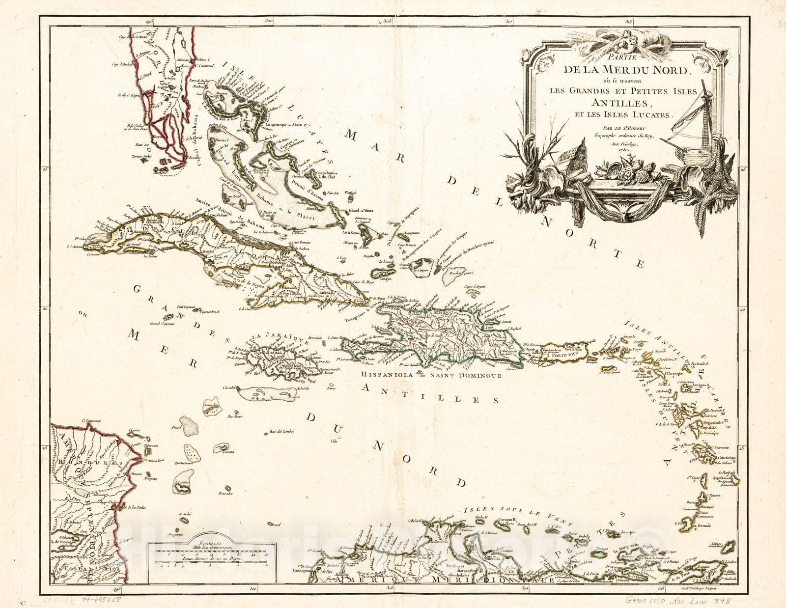 Historic 1750 Map - Partie de la mer du Nord, oÃ¹ se trouvent les Grandes et Petites Isles Antilles, et les Isles Lucayes,