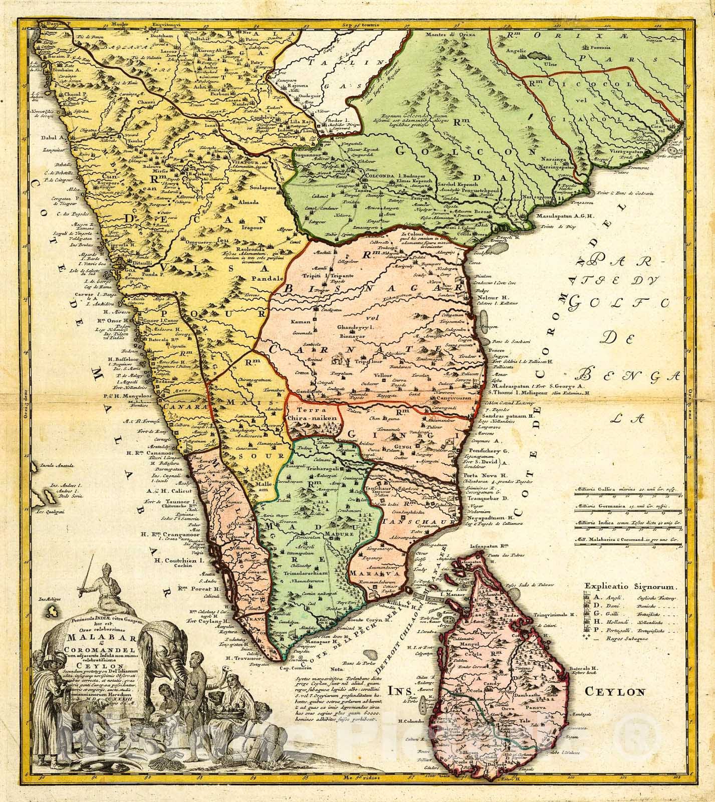 Historic 1733 Map - Peninsula IndiÃ¦ citra Gangem hoc est Orae celeberrimae Malabar & Coromandel Cum adjacente insula Non Minus celebratissima Ceylon.