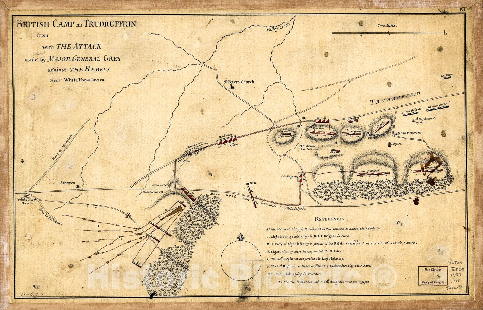 Historic 1777 Map - British Camp at Trudruffrin from sic with The Attack Made by Major General Grey Against The Rebels Near White Horse Tavern.