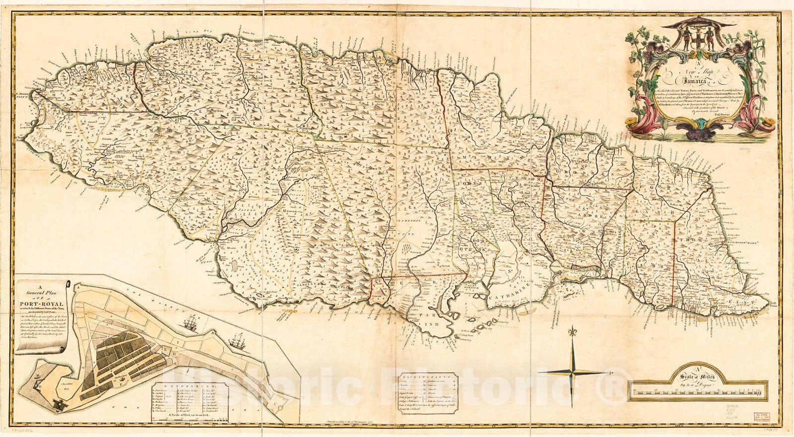 Historic 1755 Map - A New map of Jamaica; in which The Several Towns, forts, and settlements, are accurately Laid Down as Well as ye situations