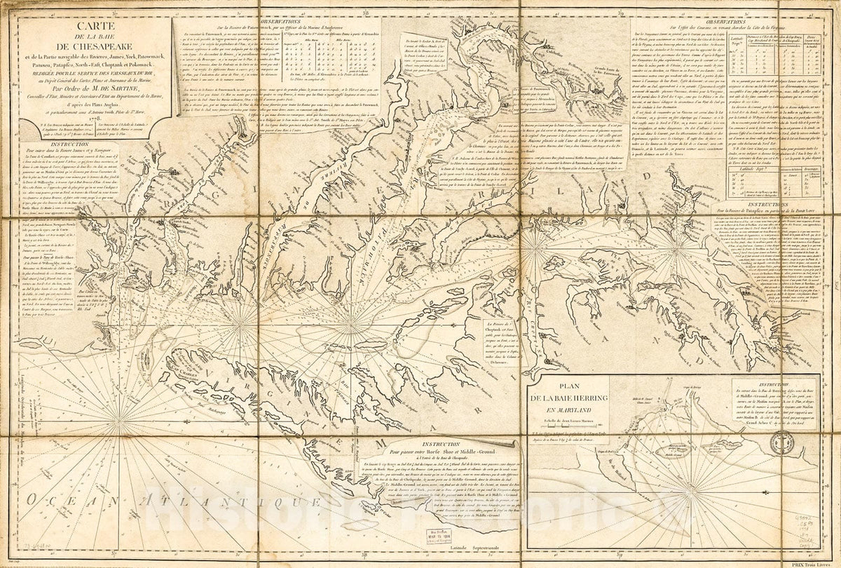Historic 1778 Map - Carte de la baie de Chesapeake et de la Partie navigable des riviÃ¨res, James, York, Patowmack, Patuxen, Patapsco, North-East, Choptank et Pokomack.