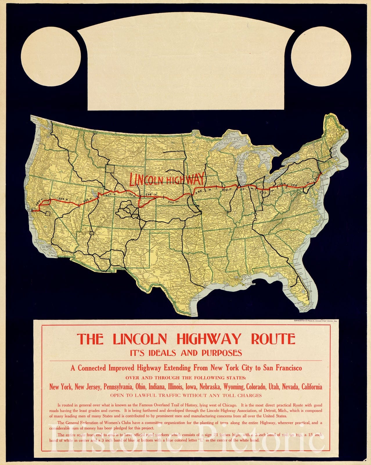 Historic 1914 Map - The Lincoln Highway Route : It's Ideals and Purposes : a Connected Improved Highway Extending from New York City to San Francisco