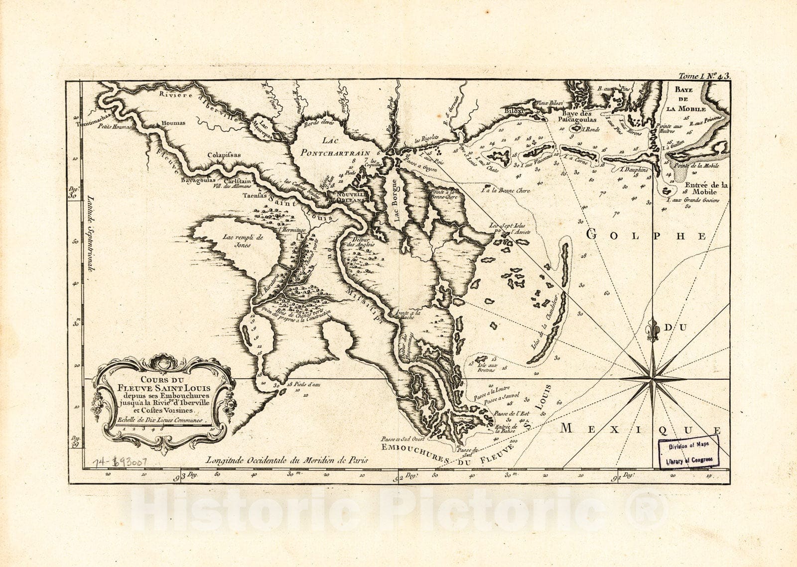 Historic 1764 Map - Cours du fleuve Saint Louis Depuis SES embouchures jusqu'Ã  la riviÃ¨re d'Iberville et costes voisines.