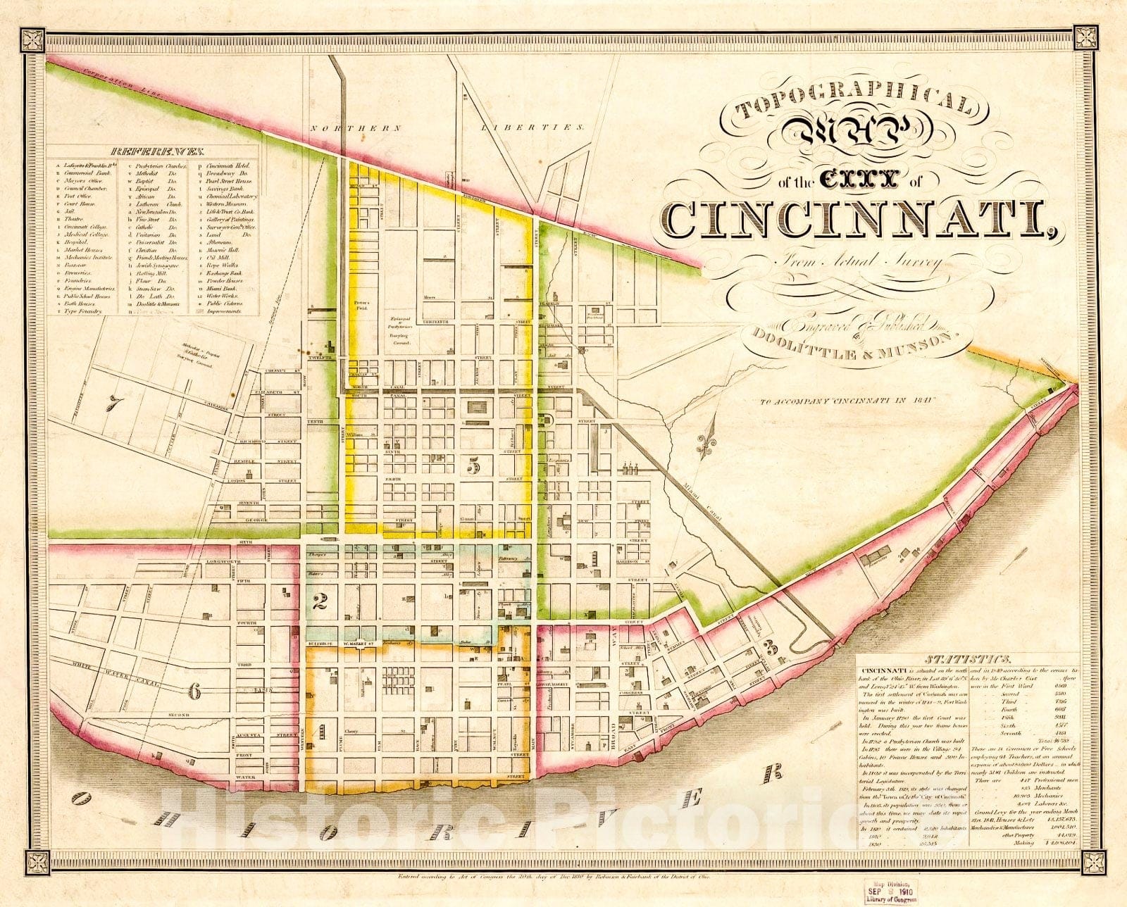Historic 1841 Map - Topographical map of The City of Cincinnati, from Actual Survey