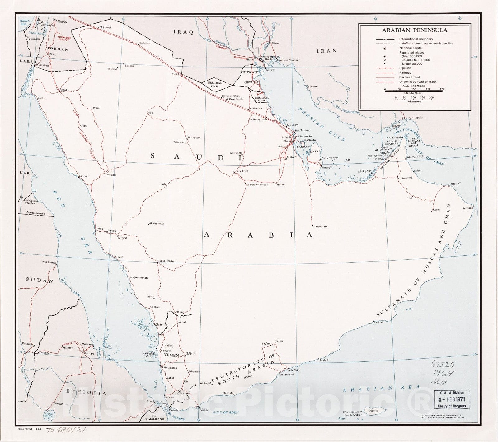 Historic 1964 Map - Arabian Peninsula. 11-64.