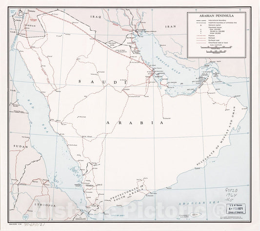 Historic 1964 Map - Arabian Peninsula. 11-64.