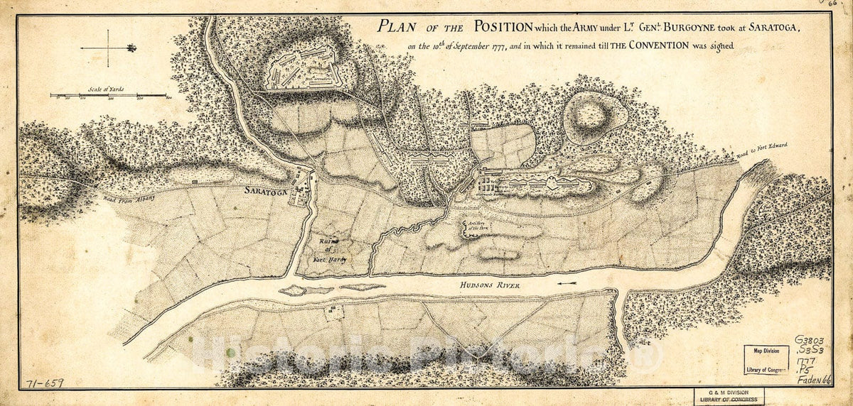 Historic 1777 Map - Plan of The Position which The Army Under Lt. Genl. Burgoyne Took at Saratoga, on The 10th of September 1777, and in which it remained Till The Convention was Signed.