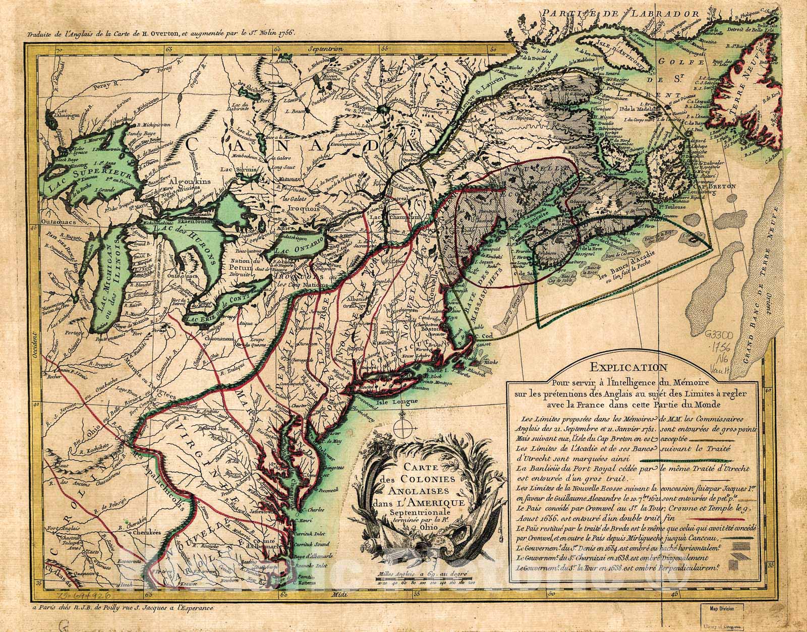Historic 1756 Map - Carte des Colonies anglaises Dans l'AmÃ©rique septentrionale, terminÃ©e par la re. Ohio.