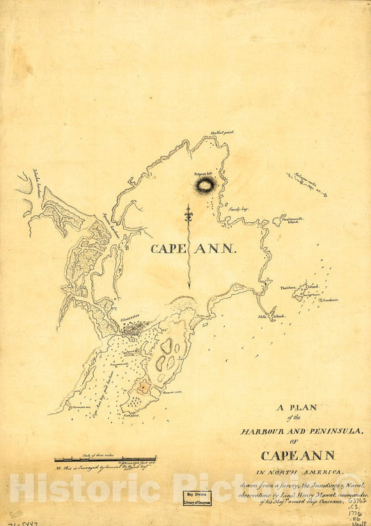 Historic 1776 Map - A Plan of The Harbour and Peninsula of Cape Ann in North America,