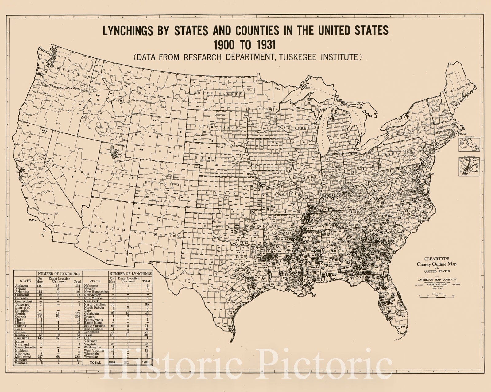 Historic 1931 Map - Lynchings by States and Counties in The United States, 1900-1931 : (Data from Research Department, Tuskegee Institute)