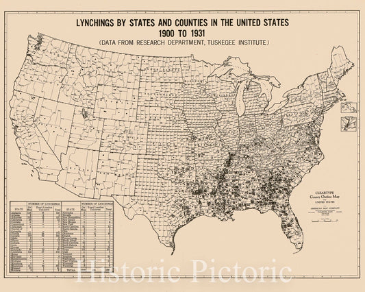 Historic 1931 Map - Lynchings by States and Counties in The United States, 1900-1931 : (Data from Research Department, Tuskegee Institute)