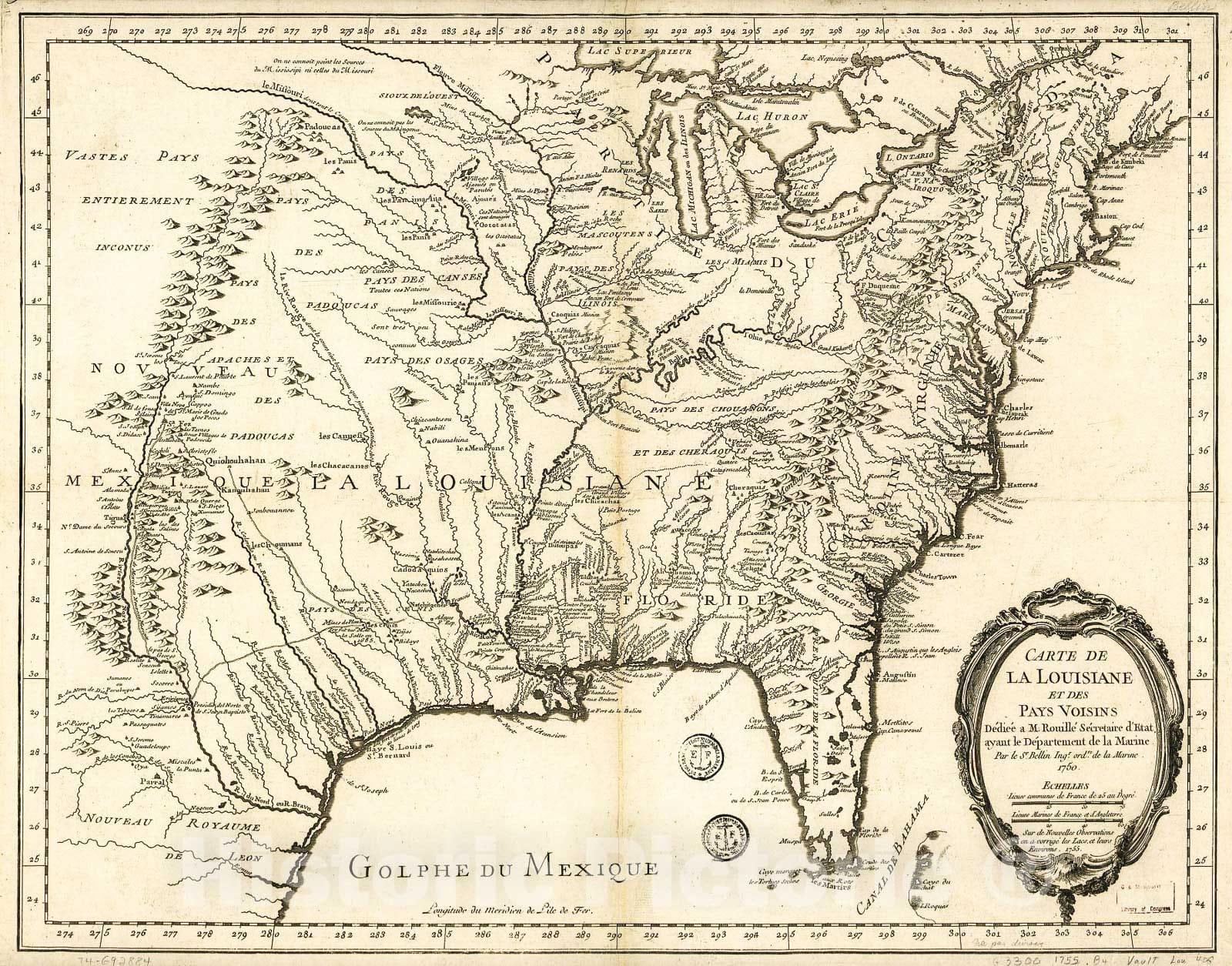 Historic 1755 Map - Carte de la Louisiane et des Pays voisins, dÃ©diÃ©e Ã  M. RouillÃ©, sÃ©cretaire d'Ã‰tat, ayant le DÃ©partement de la Marine.