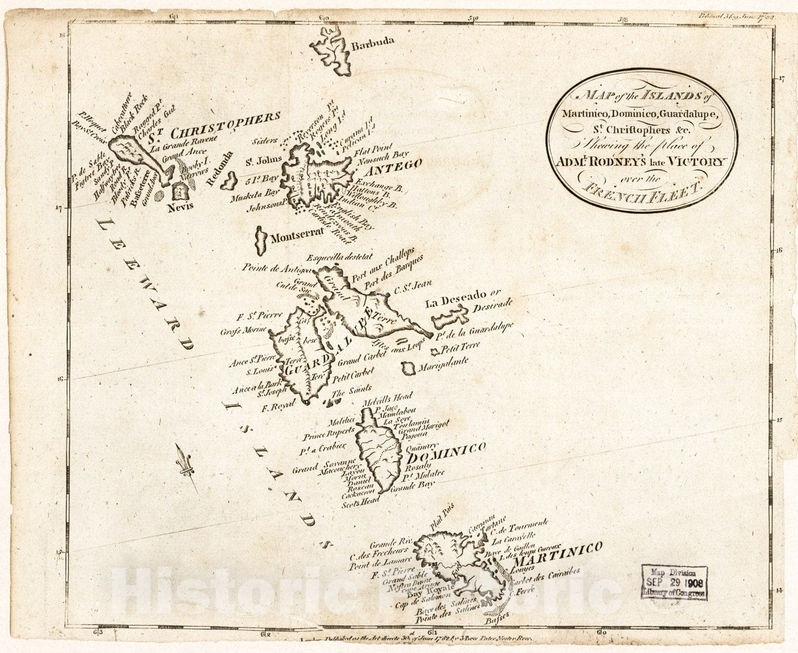 Historic 1782 Map - Map of The Islands of Martinico, Dominico, Guardalupe, St. Christophers shewing The Place of Adml. Rodney's Late Victory Over The French Fleet.