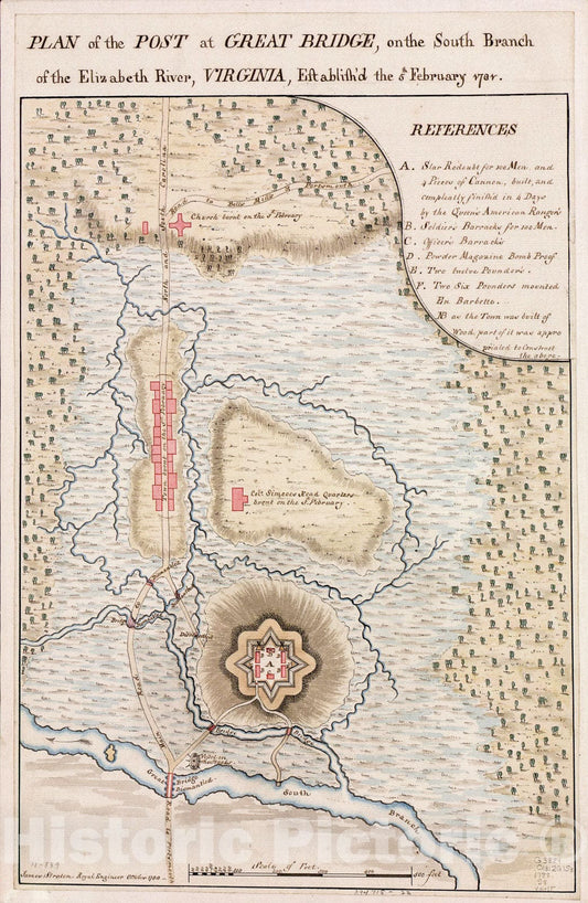 Historic 1788 Map - Plan of The Post at Great Bridge, on The South Branch of The Elizabeth River, Virginia, establish'd The 5th February 1781.