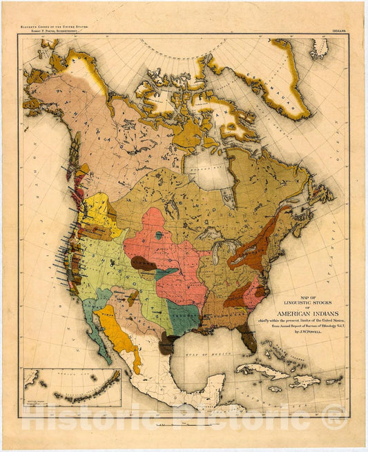 Historic 1890 Map - Map of Linguistic Stocks of American Indians.