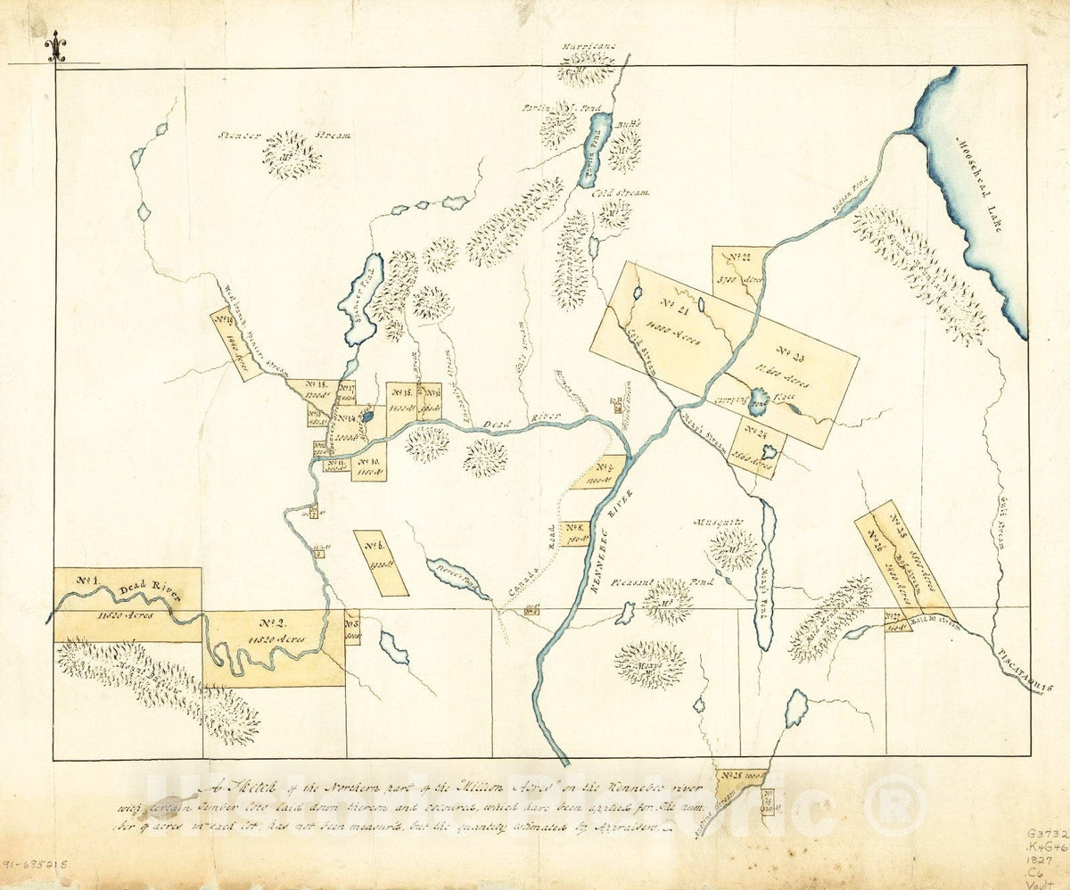 Historic 1827 Map - A Sketch of The Northern Part of The;Million Acres; on The Kennebec River with Certain Timber Lots Laid Down Theron, and Coloured, which Have Been Applied for