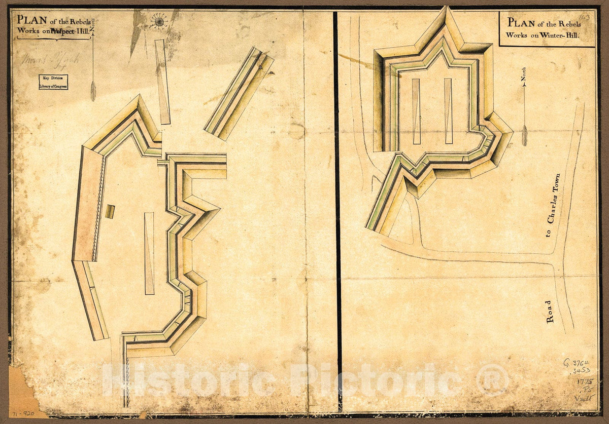Historic 1775 Map - Plan of The Rebels Works on Prospect-Hill. Plan of The Rebels Works on Winter-Hill.