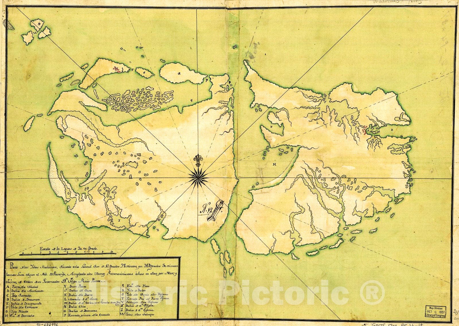 Historic 1700 Map - Plano de las Yslas Malvinas, situado en la latitud sur DE 51 grados 28 minutos y en 319 grados 30 minutos Lamas Leste segun el mro. de Thenerife