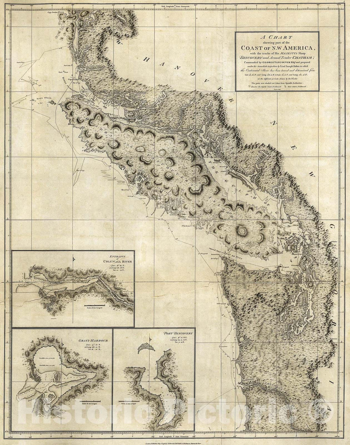 Historic 1798 Map - A Chart shewing Part of The Coast of N.W. America : with The Tracks of His Majesty's sloop Discovery and Armed Tender Chatham
