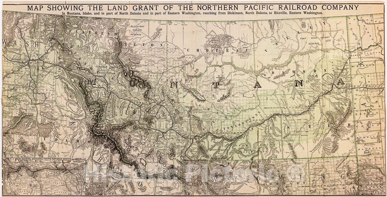 Historic 1890 Map - Map Showing The Land Grant of The Northern Pacific Railroad Company in Montana, Idaho, and in Part of North Dakota, and in Part of Eastern Washington