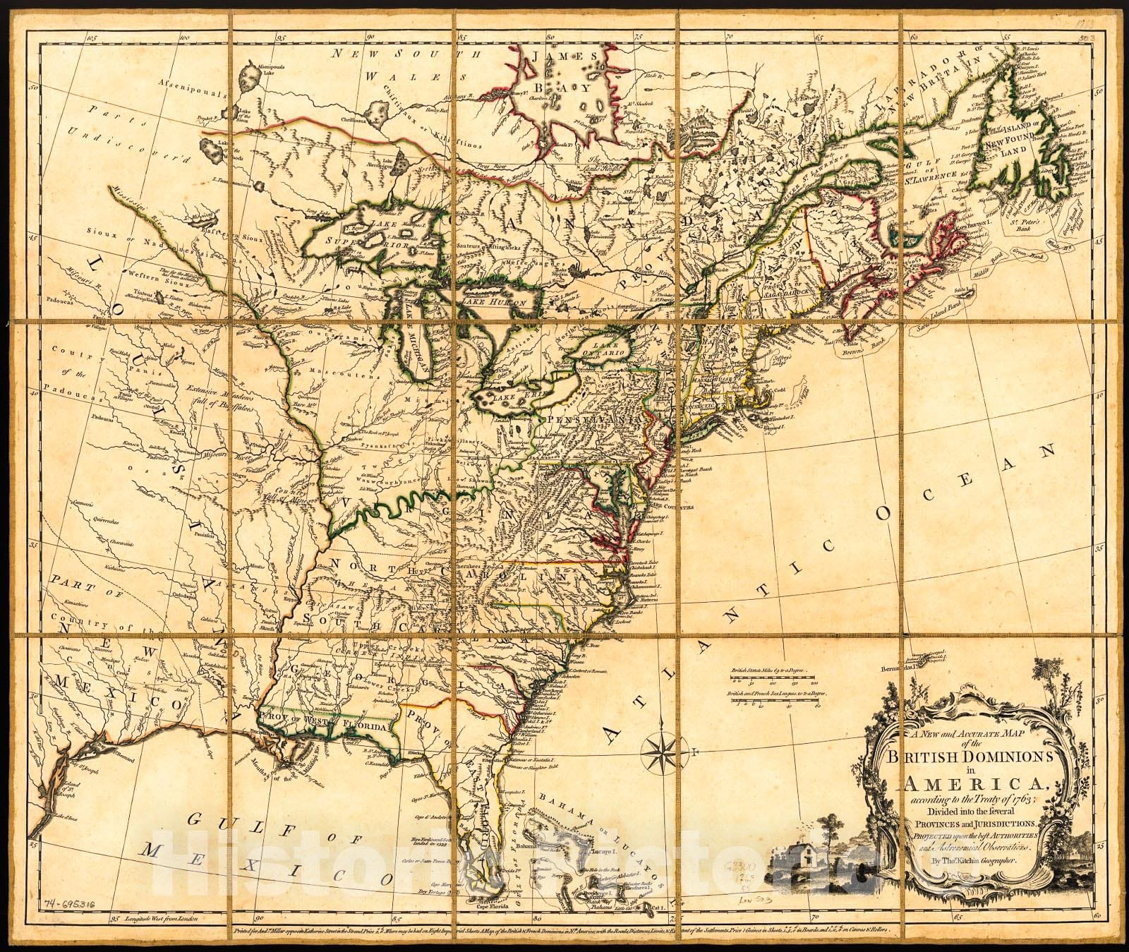 Historic 1763 Map - A New and Accurate map of The British dominions in America, According to The Treaty of 1763; Divided into The Several Provinces and jurisdiction