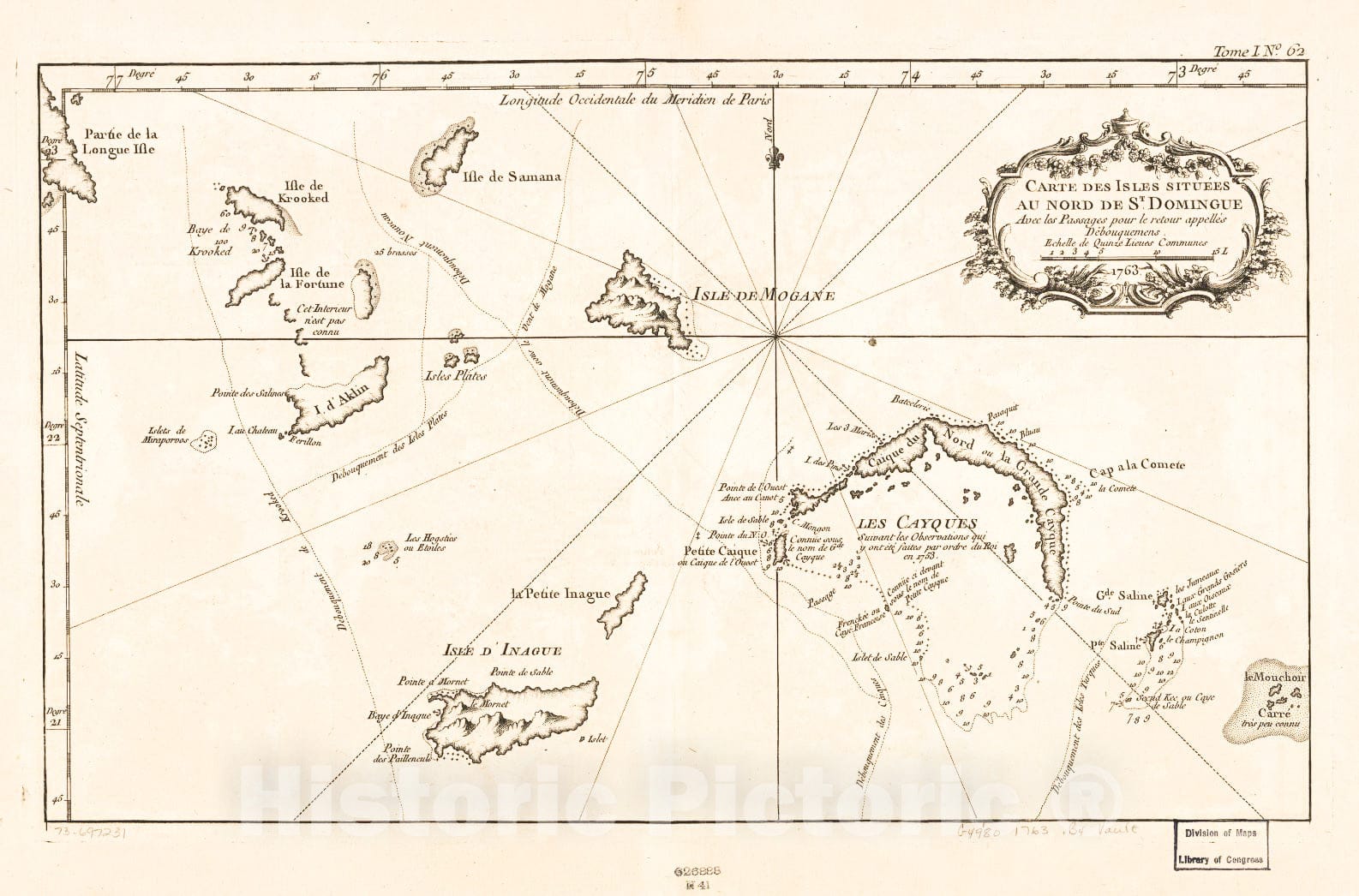 Historic 1764 Map - Carte des isle situÃ©es au nord de St. Domingue, avec les passages Pour le Retour appellÃ©s dÃ©bouquemens, 1763.