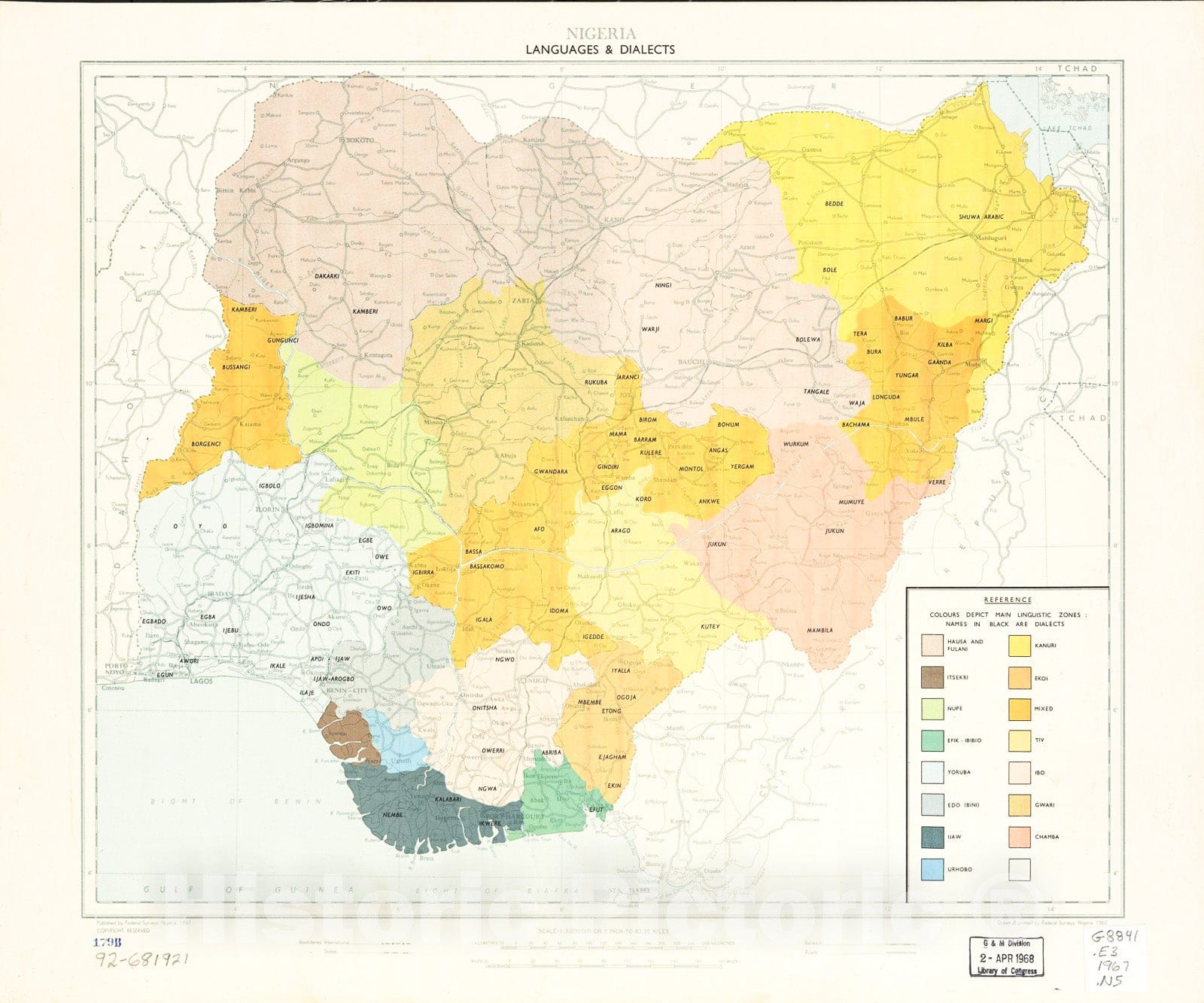 Historic 1967 Map - Nigeria, Languages & dialects