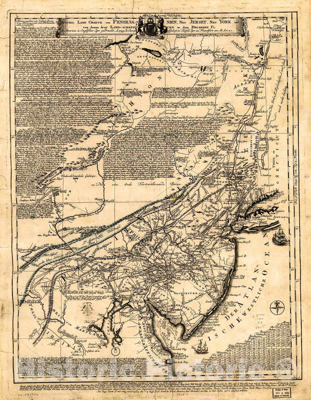 Historic 1750 Map - Speciel Land Charte von Pensilvanien, Neu Jersey, Neu York, und von denen Drey Land-schafften an dem Delaware Fl. in America in Englischer SPR. gedruckt A. 1749.