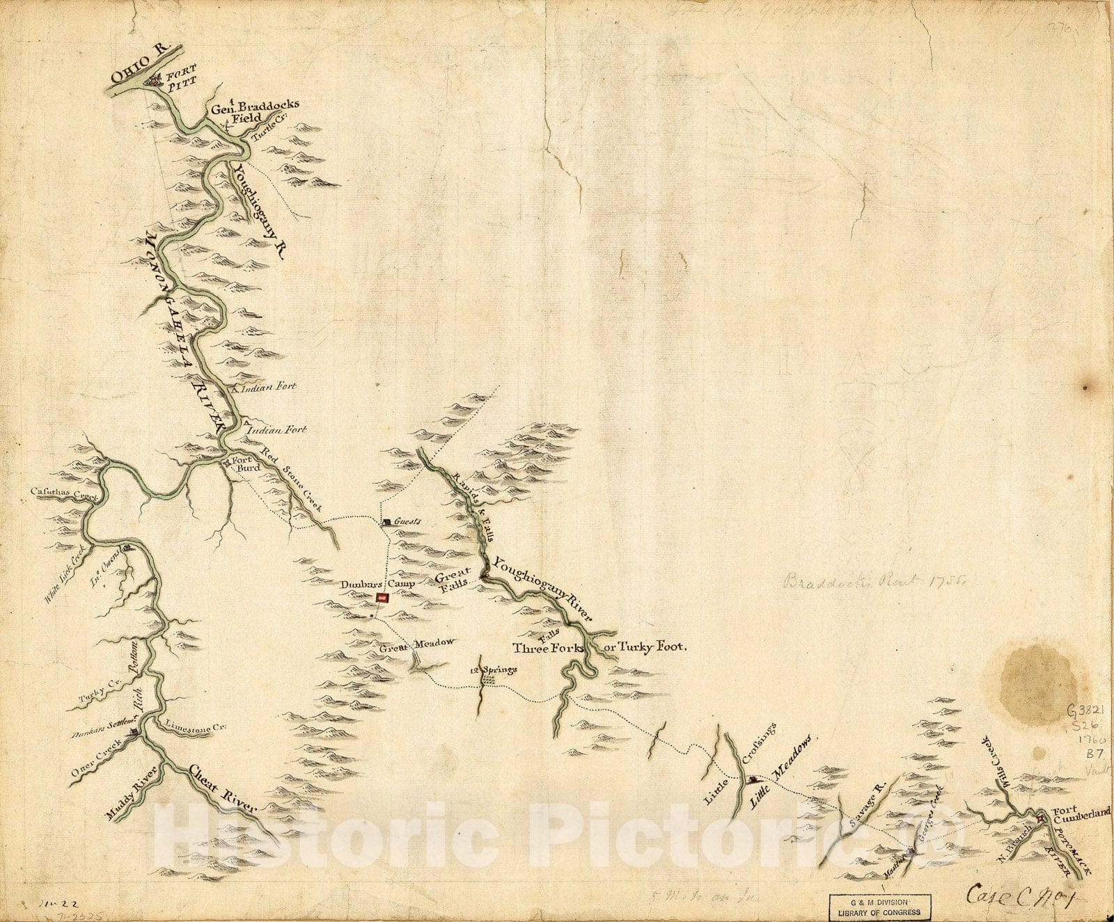 Historic 1760 Map - Braddock's Route, 1755, Fort Cumberland to Fort Pitt.