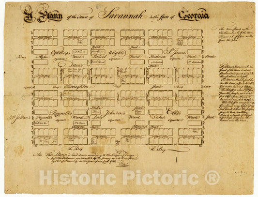 Historic 1761 Map - A plann of The Town of Savannah in The State of Georgia.