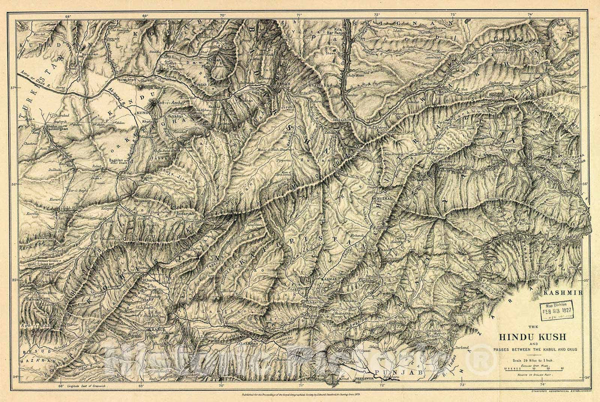 Historic 1879 Map - The Hindu Kush and Passes Between The Kabul and Oxus.
