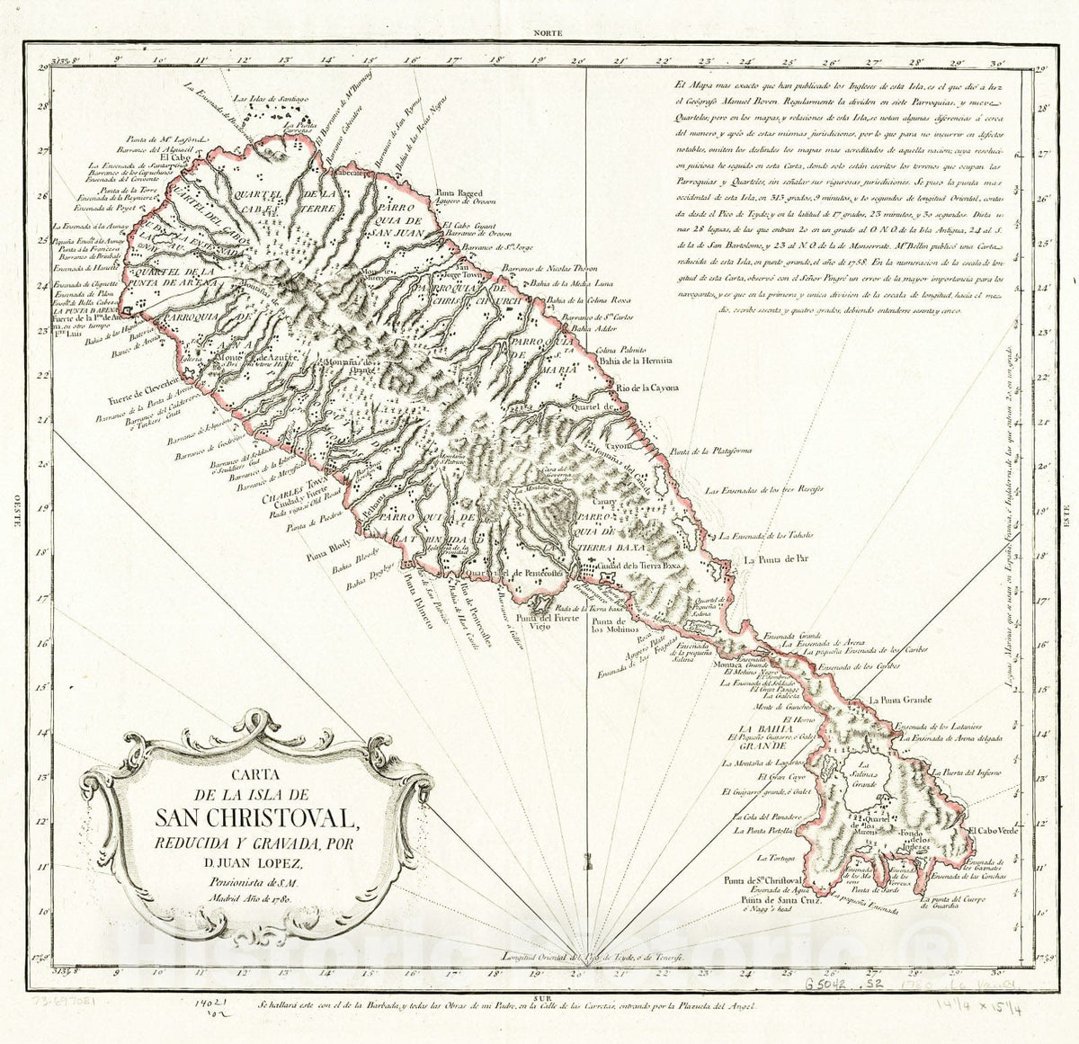 Historic 1780 Map - Carta de la isla de San Christoval,