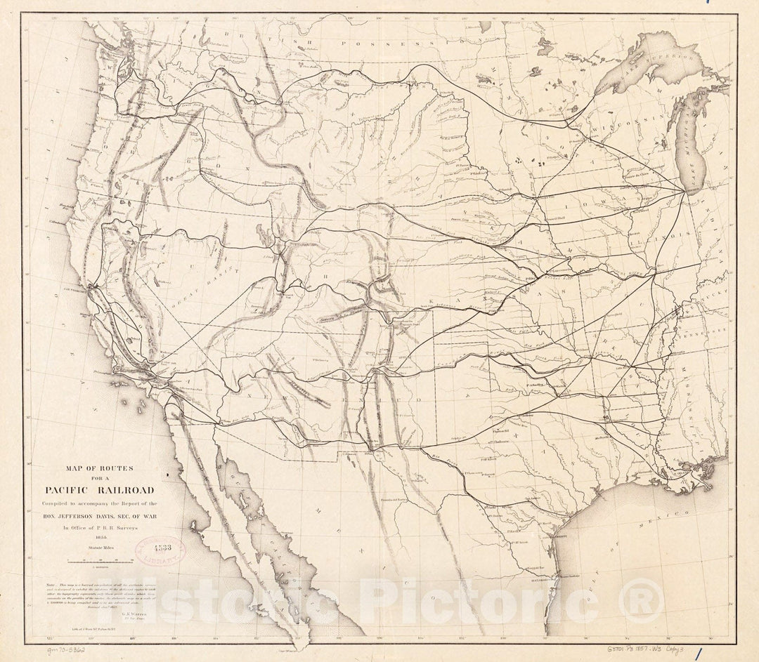 Historic 1857 Map - Map of Routes for a Pacific Railroad, compiled to accompany a Report of The Hon. Jefferson Davis, sec. of war.