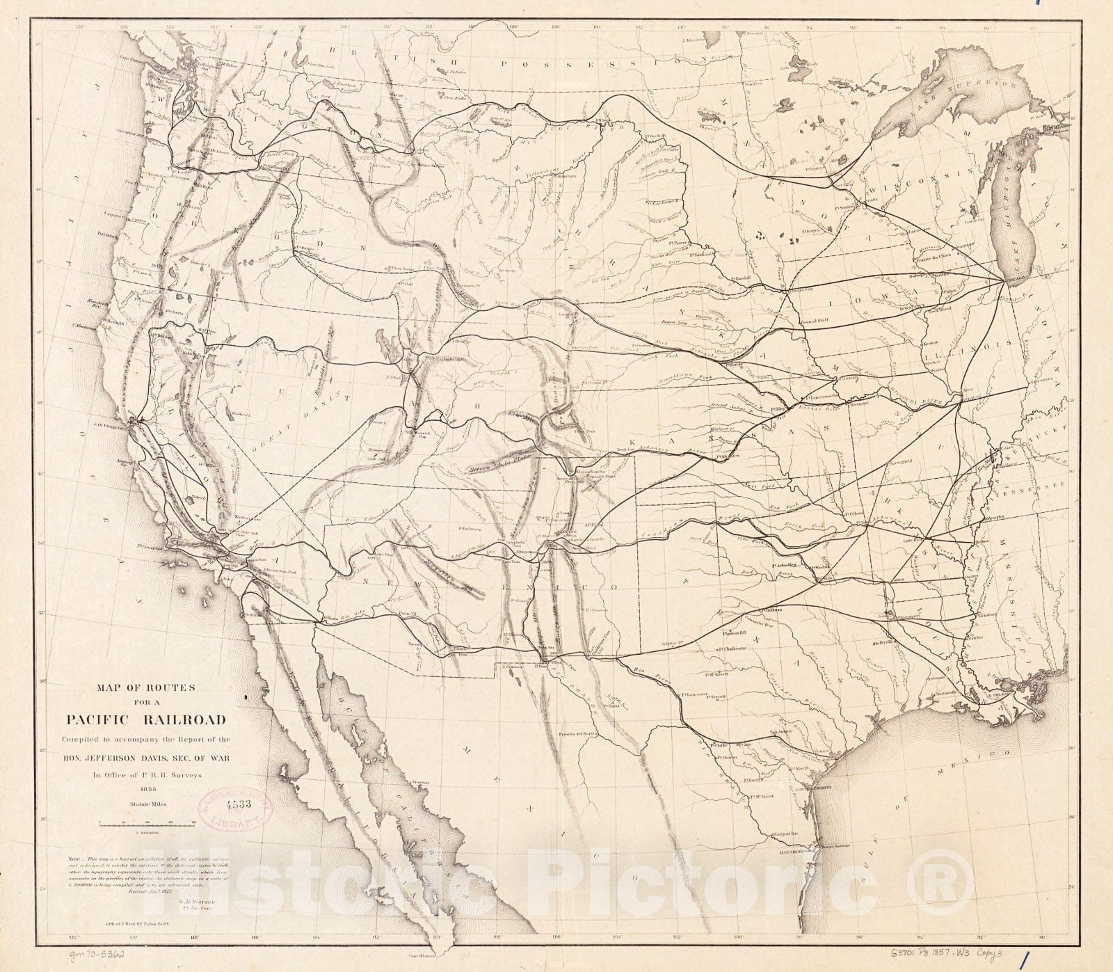 Historic 1857 Map - Map of Routes for a Pacific Railroad, compiled to accompany a Report of The Hon. Jefferson Davis, sec. of war.