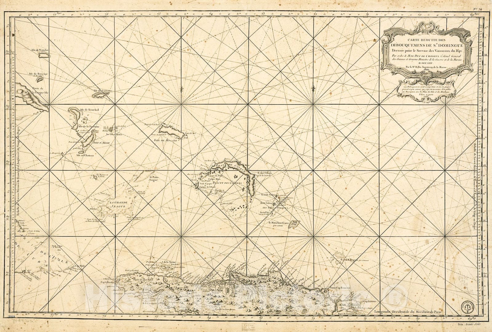 Historic 1768 Map - Carte rÃ©duite des dÃ©bouquemens de St. Domingue dressÃ©e Pour le Service des vaisseaux du Roy. Par ordre de M. le duc de Choiseul, Colonel gÃ©nÃ©ral des suisses et Grisons