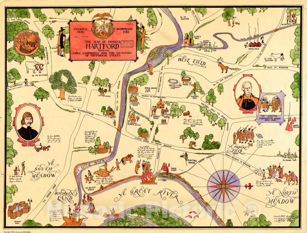 Historic 1927 Map - Map of Pioneer Hartford : Founded 1636, Incorporated 1784, Showing Early Landmarks and The Locations of Historical Events