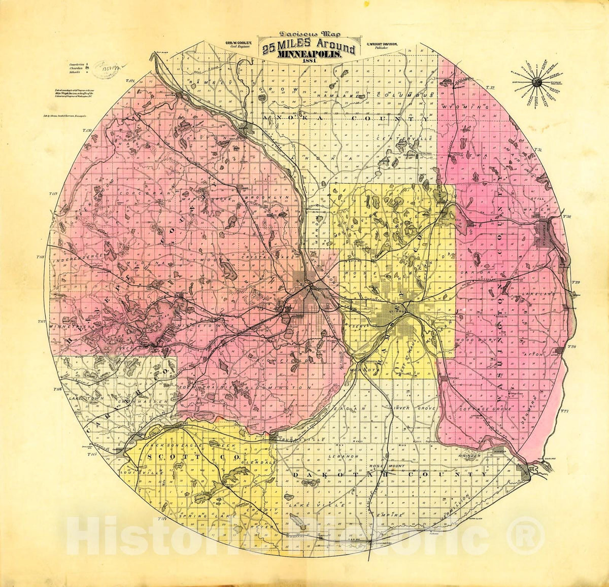 Historic 1881 Map - Davisons map 25 Miles Around Minneapolis 1881.