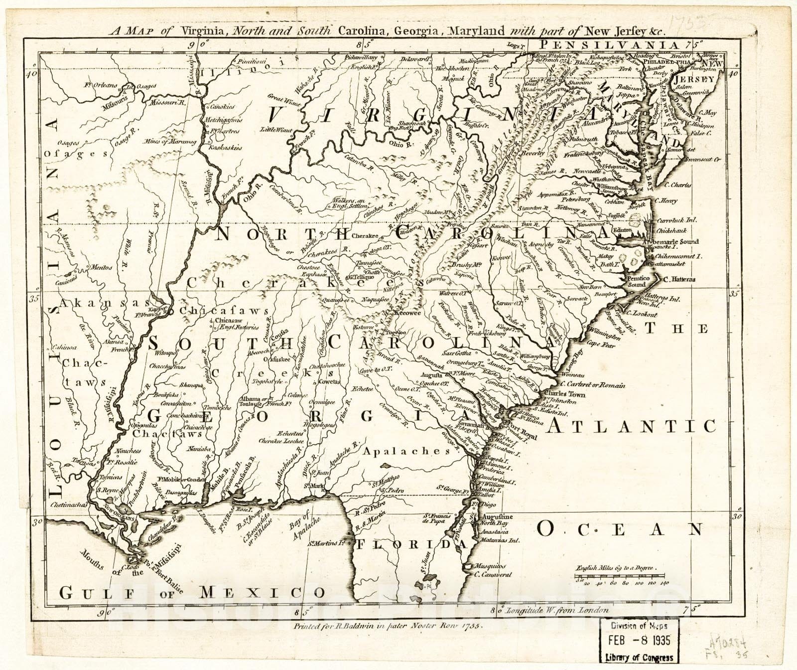 Historic 1755 Map - A map of Virginia, North and South Carolina, Georgia, Maryland with Part of New Jersey