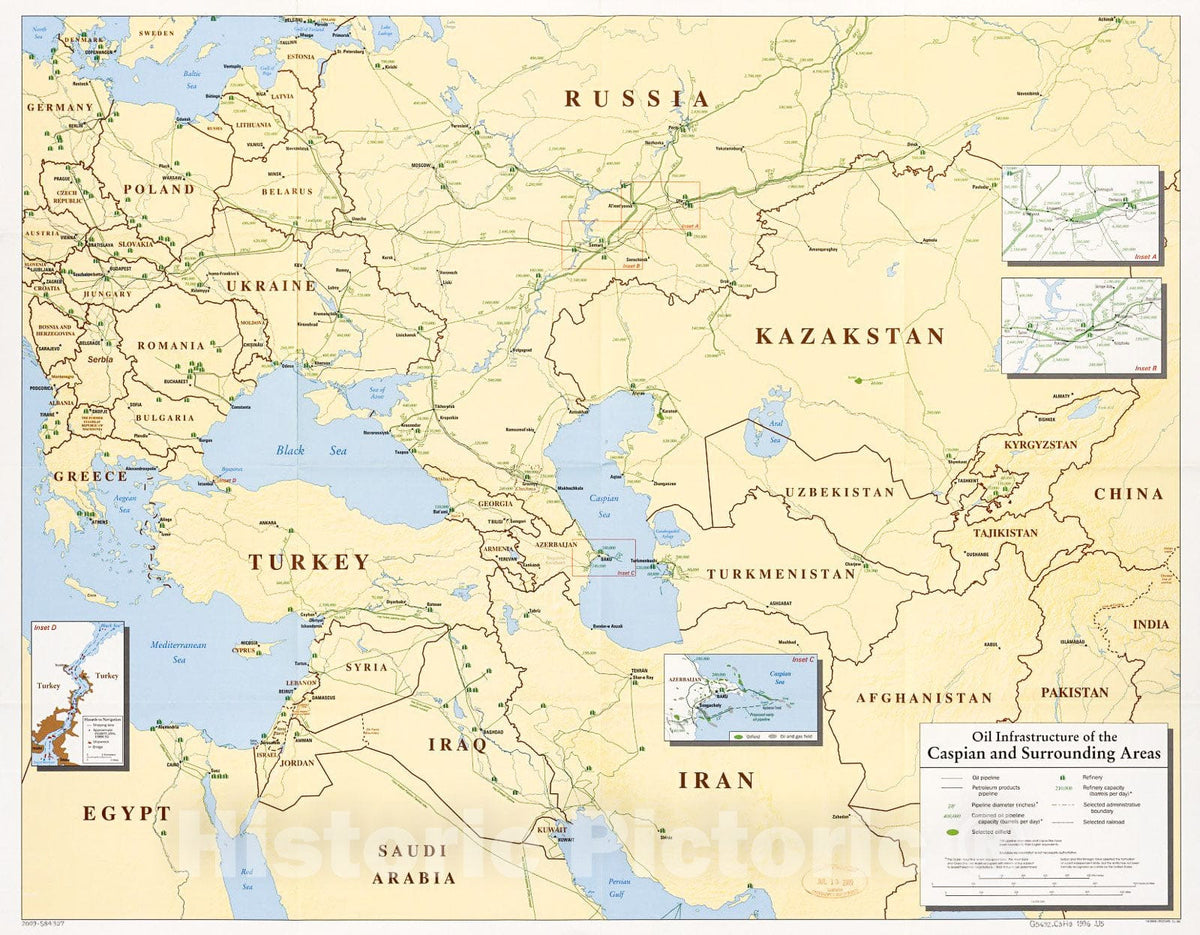 Historic 1996 Map - Oil Infrastructure of The Caspian and Surrounding Areas.