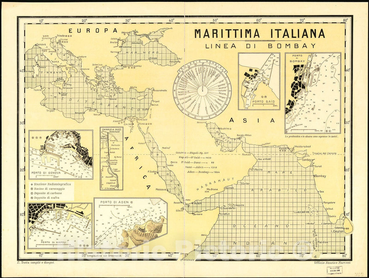 Historic 1900 Map - Marittima Italiana : Linea di Bombay