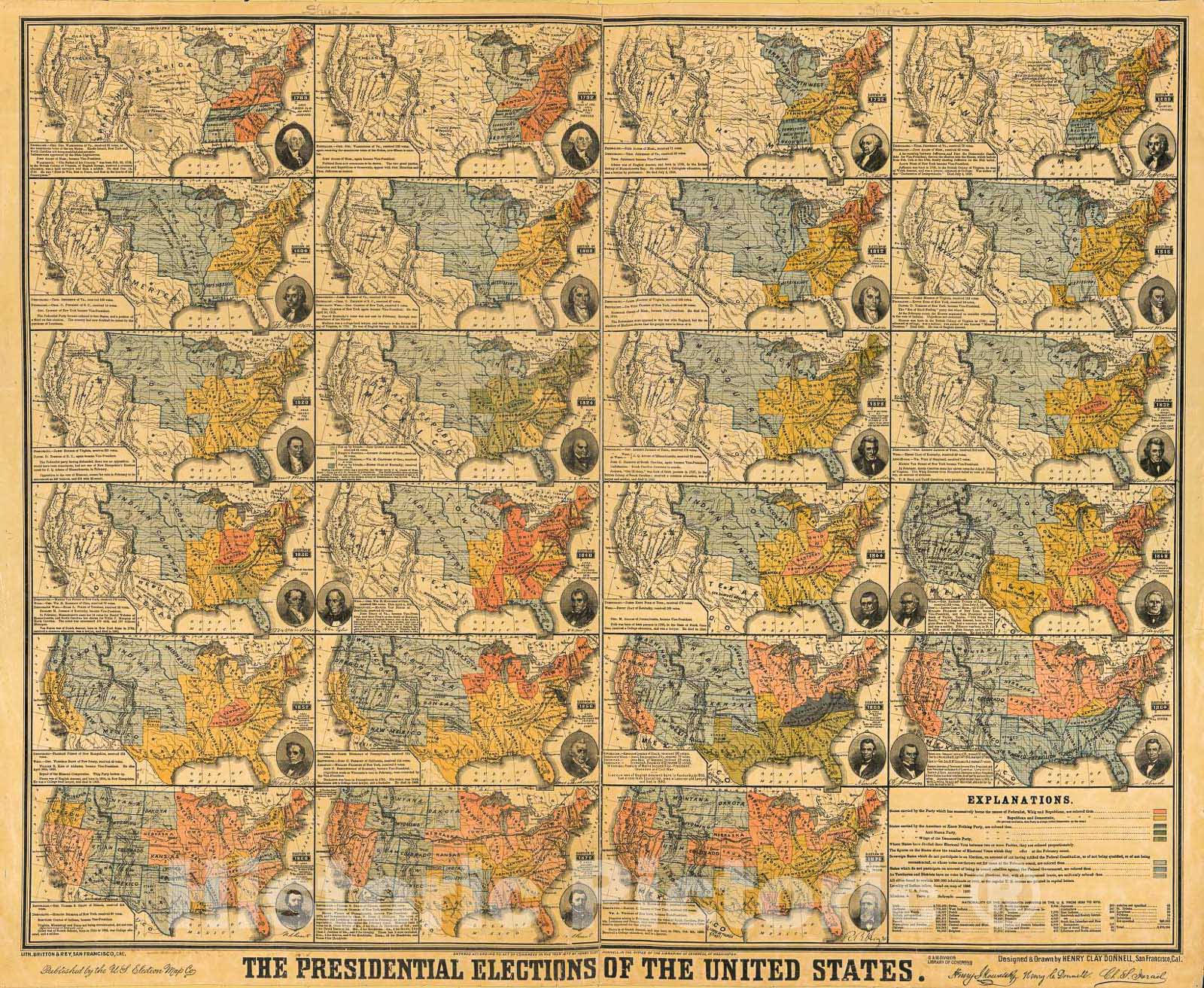 Historic 1877 Map - The Presidential Elections of The United States