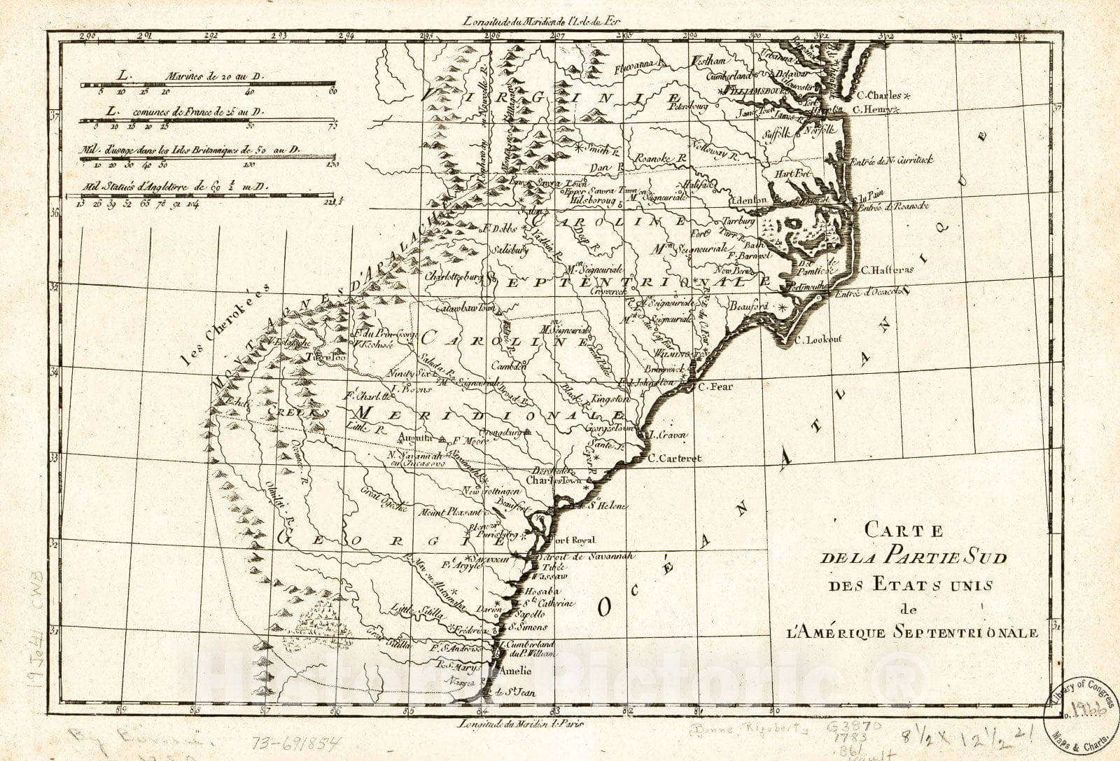 Historic 1783 Map - Carte de la Partie sud des Etats UNIS de l'AmÃ©rique septentrionale.