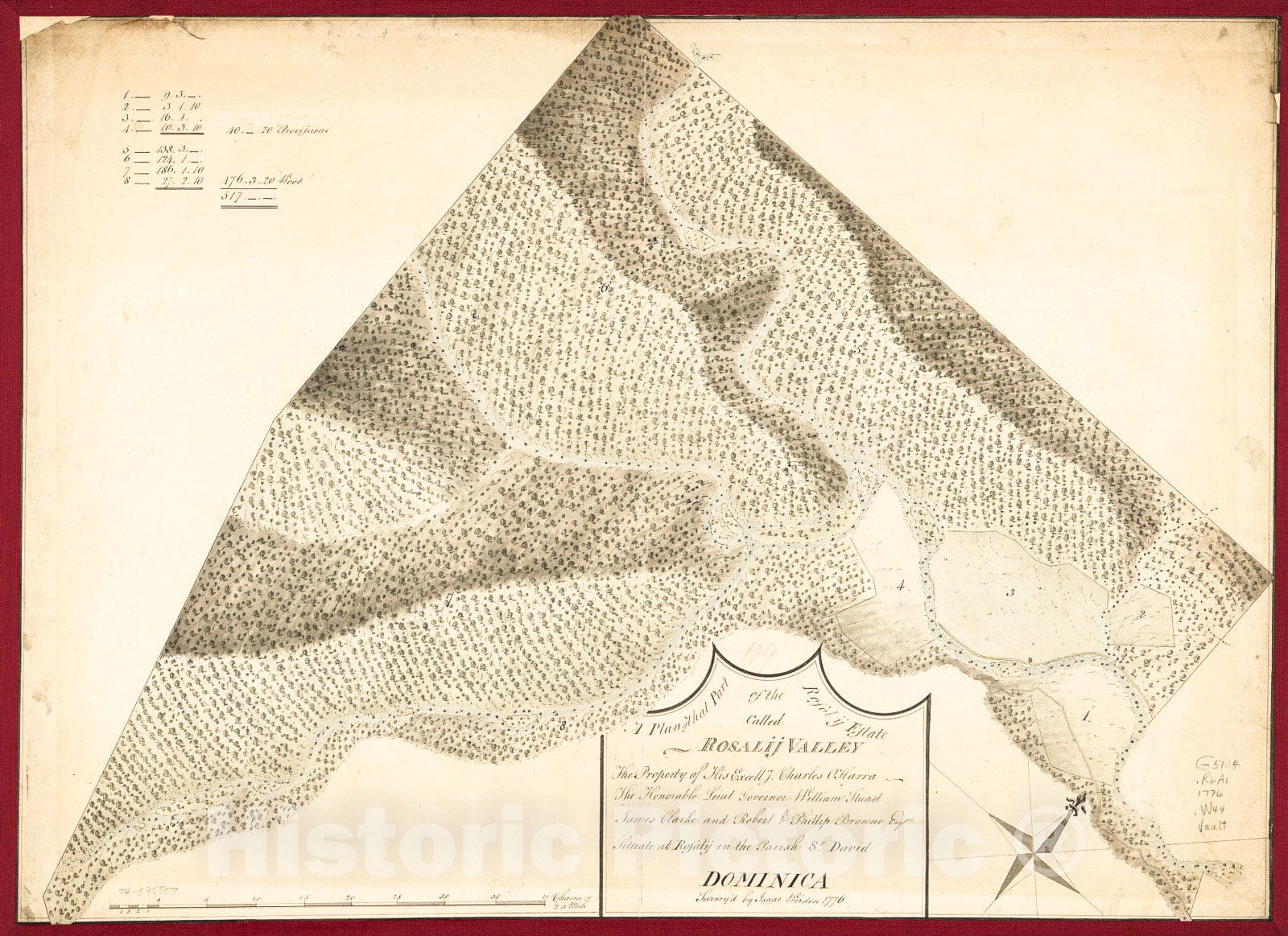 Historic 1776 Map - A Plan of That Part of The Rosalij Estate Called Rosalij Valley, The Property of His Excellcy. Charles O'Harra, The Honorable Leiut. Governor William Stuart