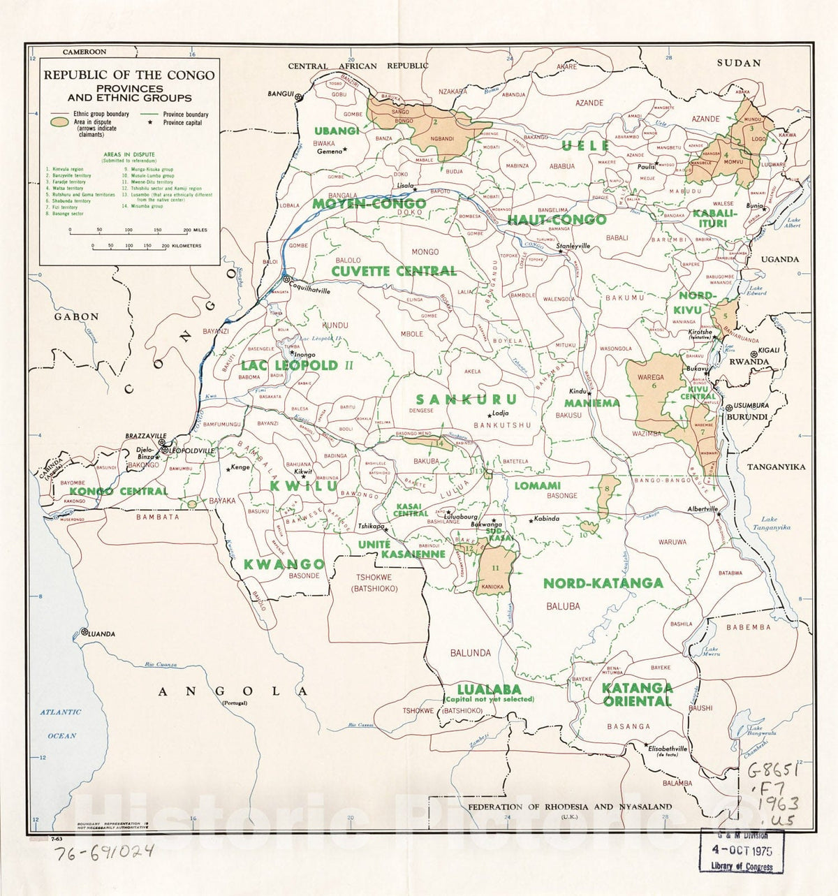 Historic 1963 Map - Republic of The Congo, Provinces and Ethnic Groups. 7-63.