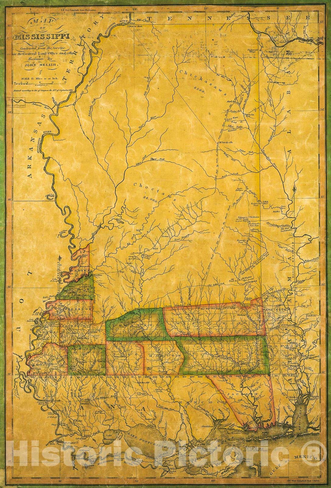 Historic 1820 Map - Map of Mississippi : Constructed from The surveys in The General Land Office and Other documents
