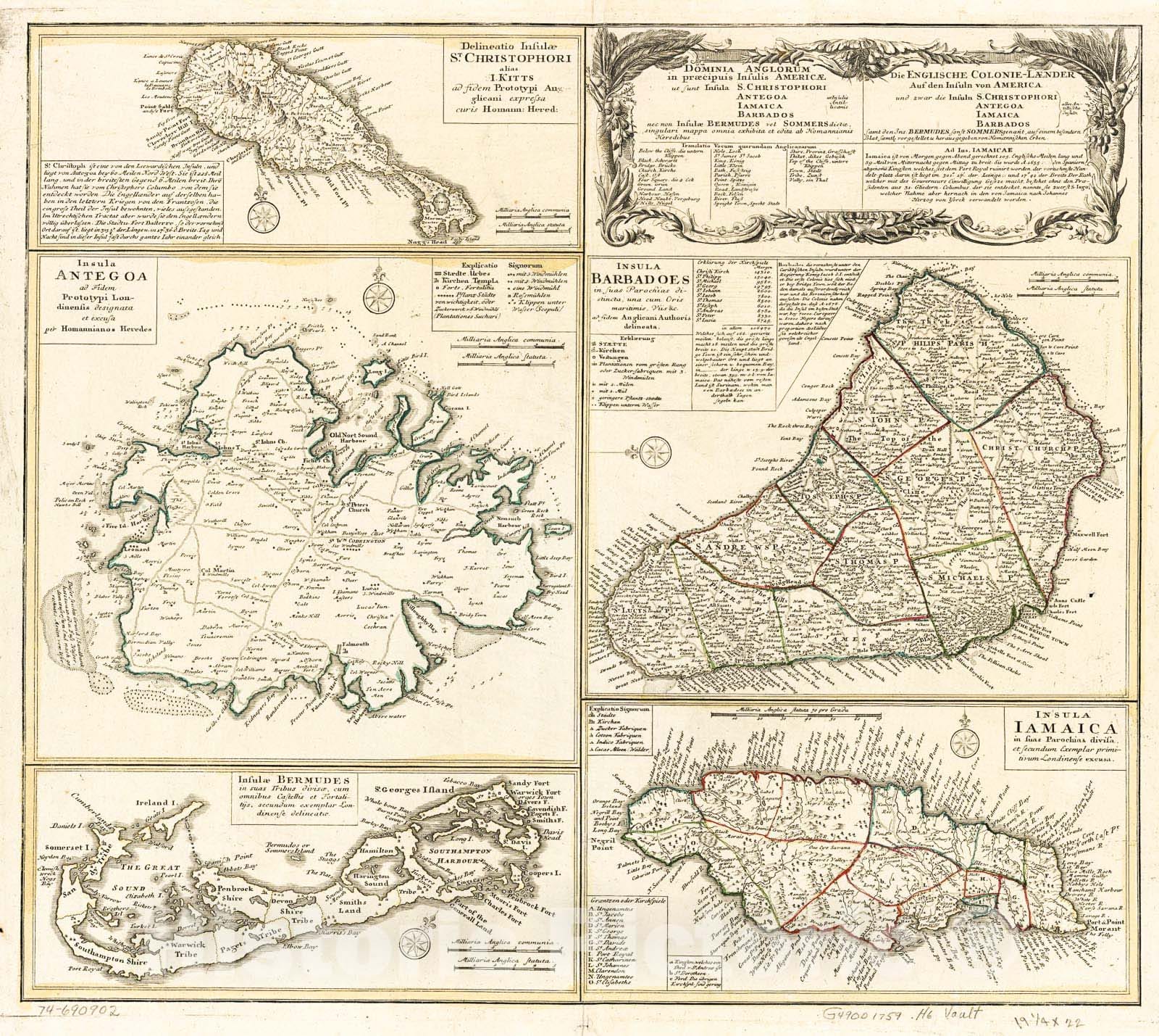 Historic 1759 Map - Dominia anglorum in prÃ¦cipuis insulis AmericÃ¦ ut sunt insula: Christophori, Antegoa, Iamaica, Barbados; NEC Non insulae Bermudes vel Sommers dictae
