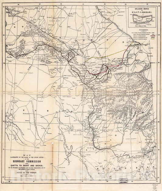 Historic 1885 Map - Map Illustrative of The March of The Indian Section of The Boundary Commission from Quetta to Olerat and Badkis; of The Frontier as Proposed and Actually demarcated