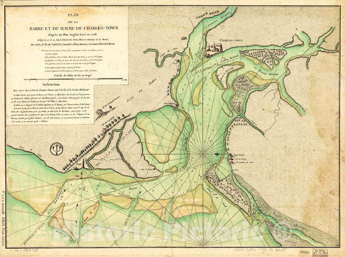 Historic 1778 Map - Plan de la Barre et du Havre de Charles-Town d'aprÃ¨s un Plan anglois levÃ© en 1776.